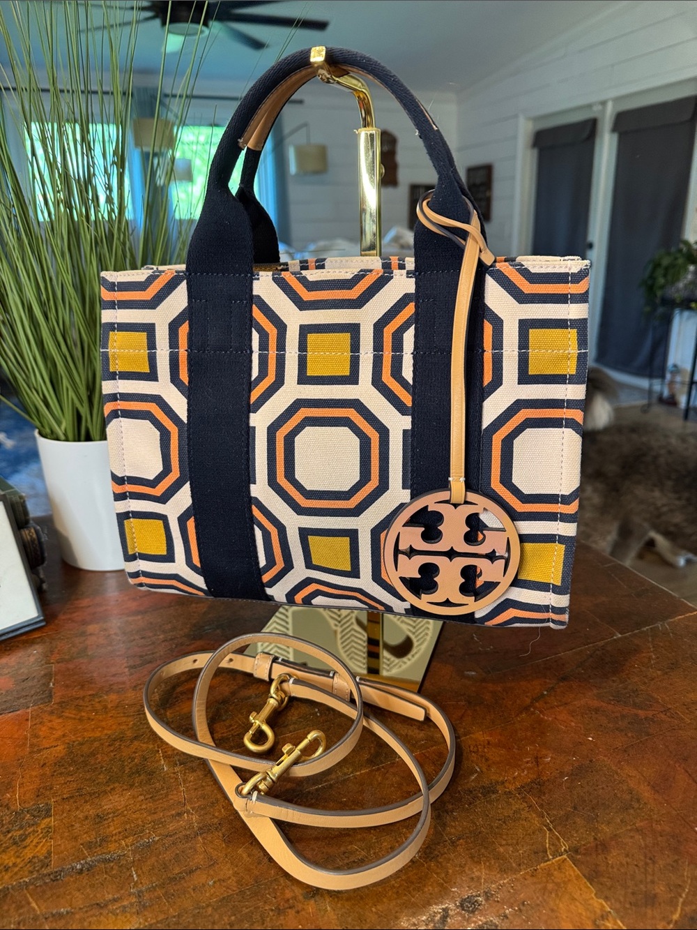 Tory Burch Navy, Coral & Mustard Geometric Canvas Tote with Tan Leather Strap
